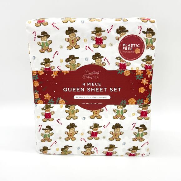 Gingerbread Baking Co Gingerbread Man Cowboy Christmas 4 pc QUEEN Sheet Set NEW - Picture 1 of 3